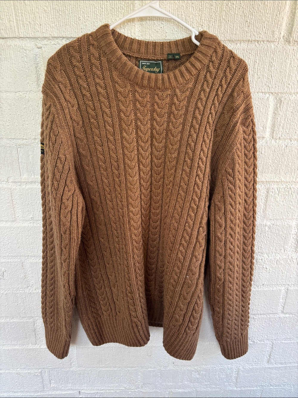 Superdry Wool Men's Brown Cable-Knit Crewneck Sweater sz 2X